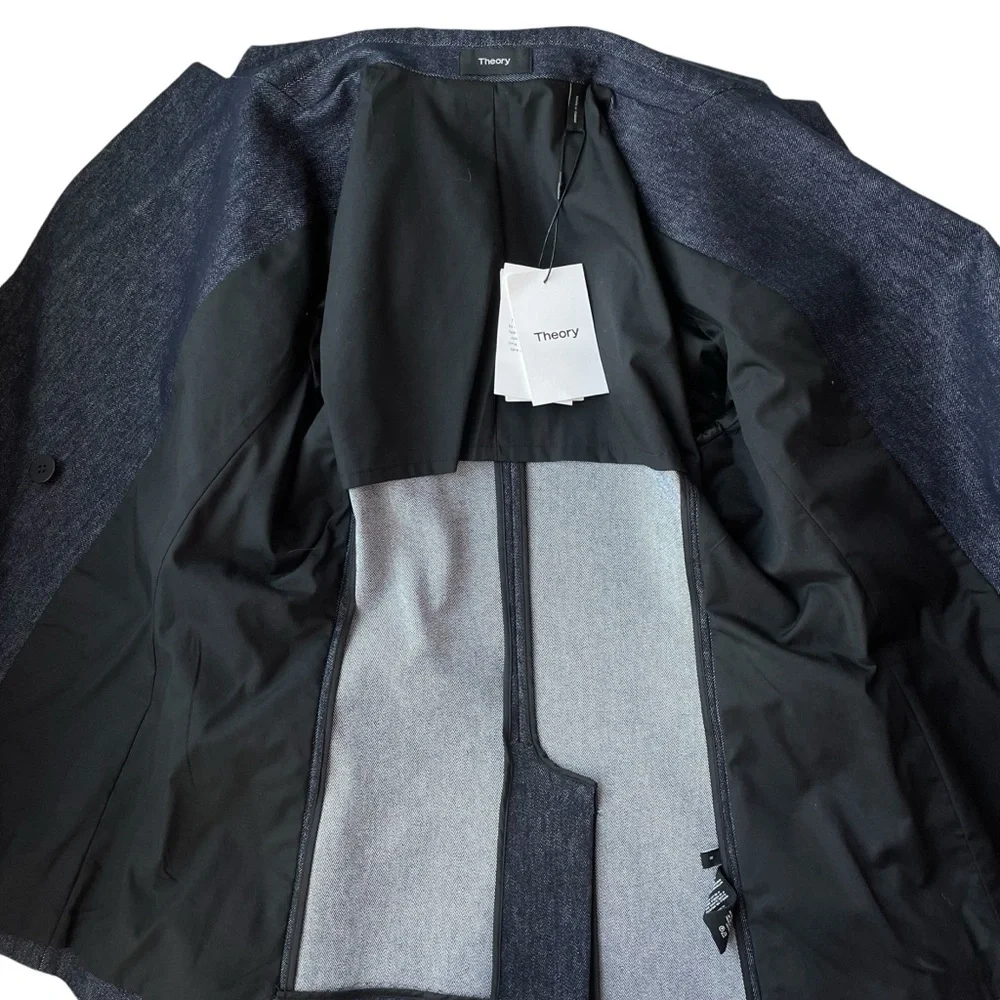 Theory Double Breasted Stretch Denim Navy Blazer NWT - Picture 10 of 16